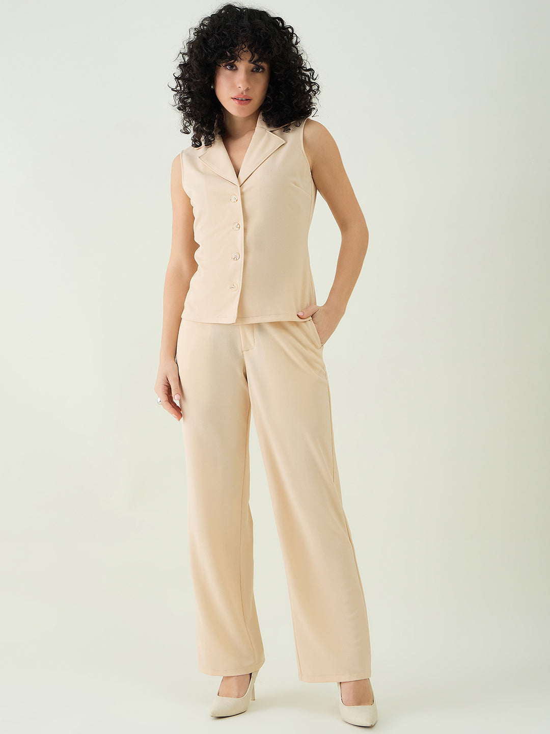 Sleeveless Collared Top and Tailored Trousers Set