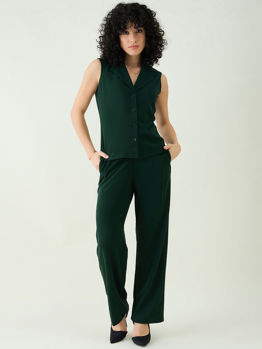 Sleeveless Collared Top and Tailored Trousers Set