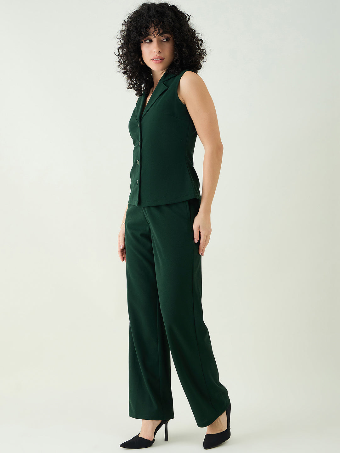 Sleeveless Collared Top and Tailored Trousers Set
