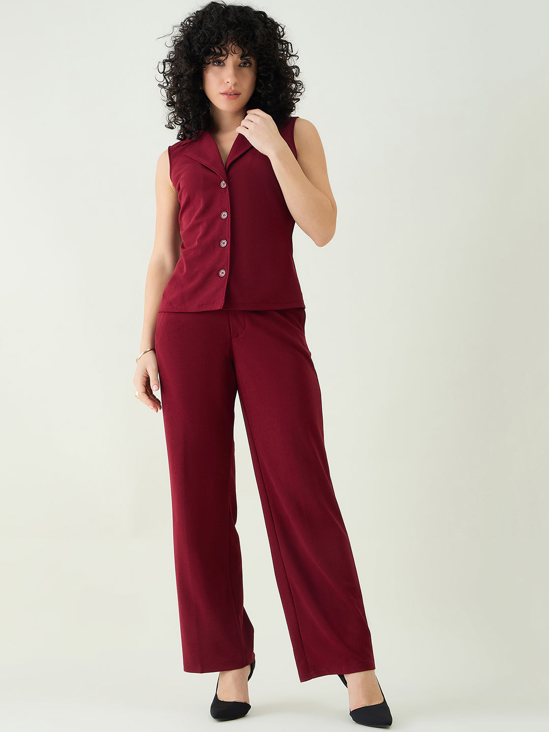 Sleeveless Collared Top and Tailored Trousers Set