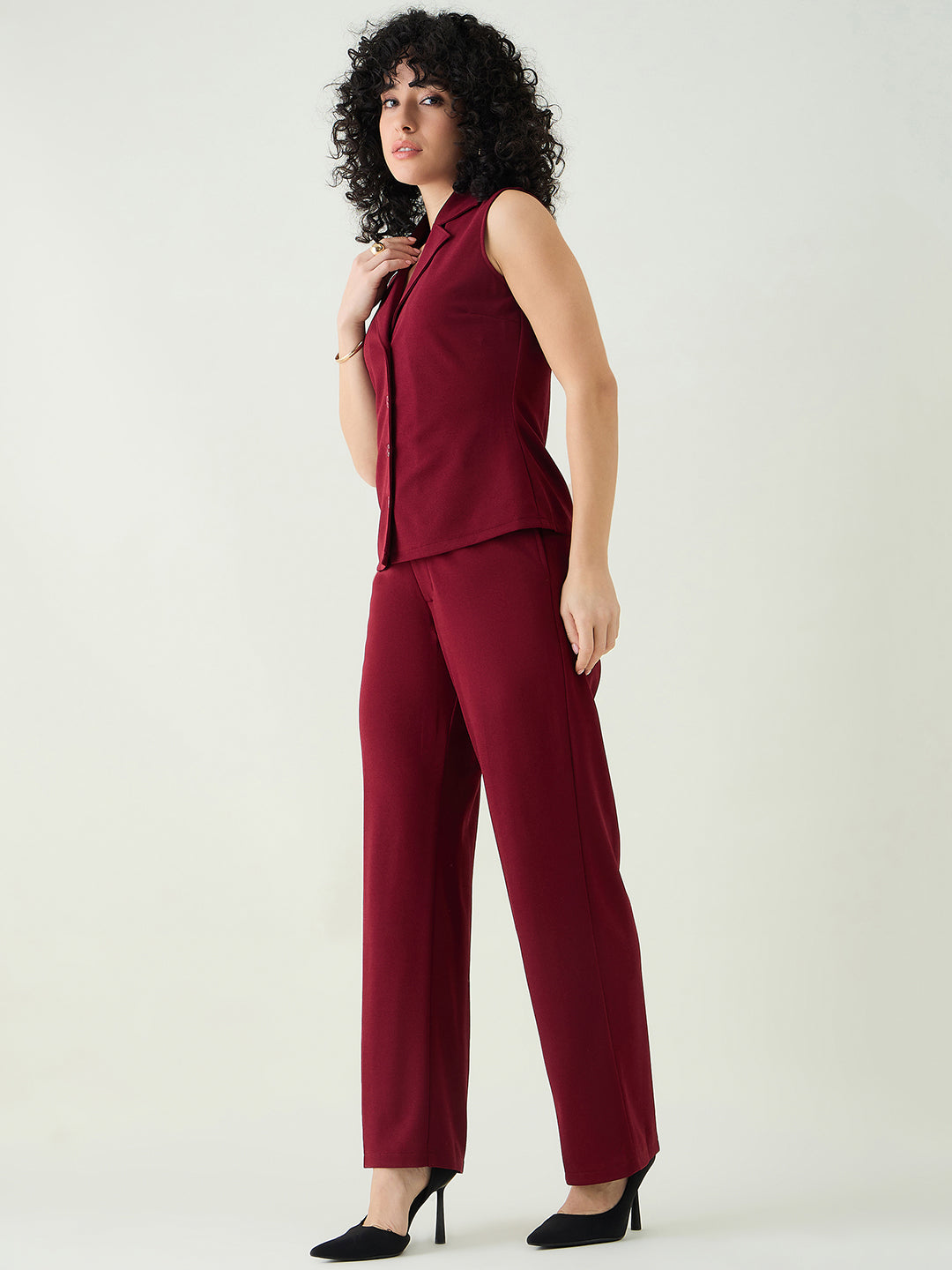Sleeveless Collared Top and Tailored Trousers Set