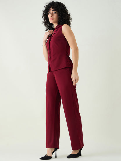 Sleeveless Collared Top and Tailored Trousers Set