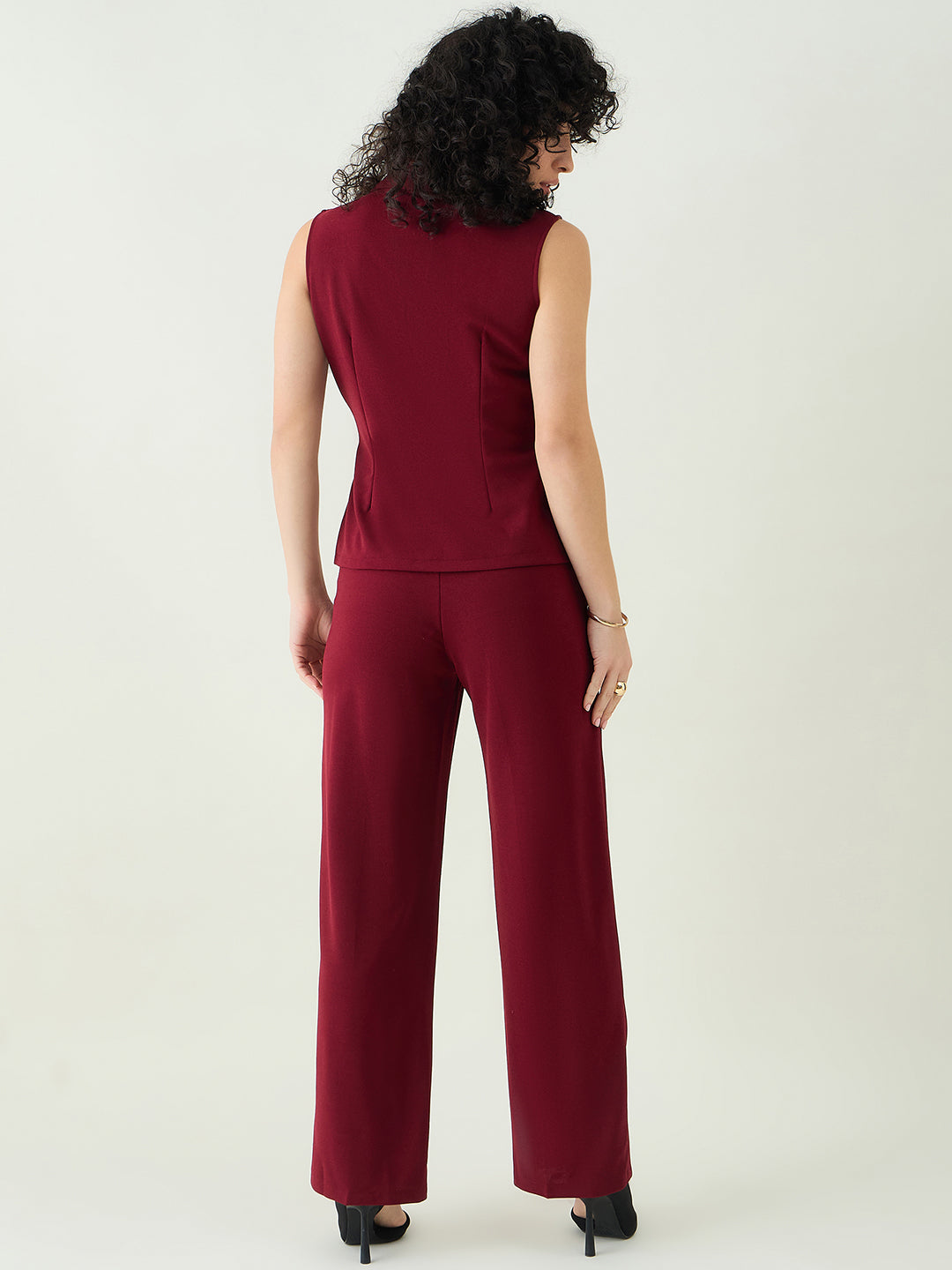 Sleeveless Collared Top and Tailored Trousers Set