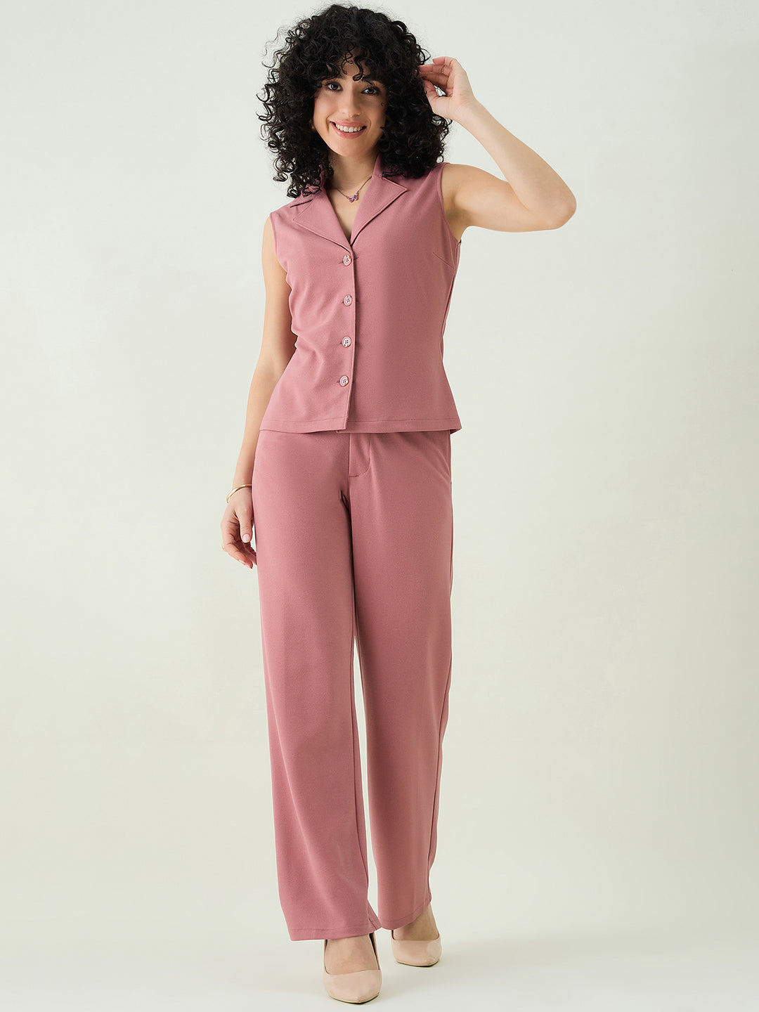Sleeveless Collared Top and Tailored Trousers Set