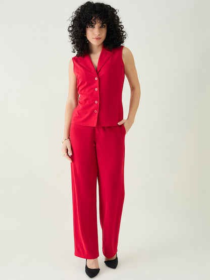 Sleeveless Collared Top and Tailored Trousers Set
