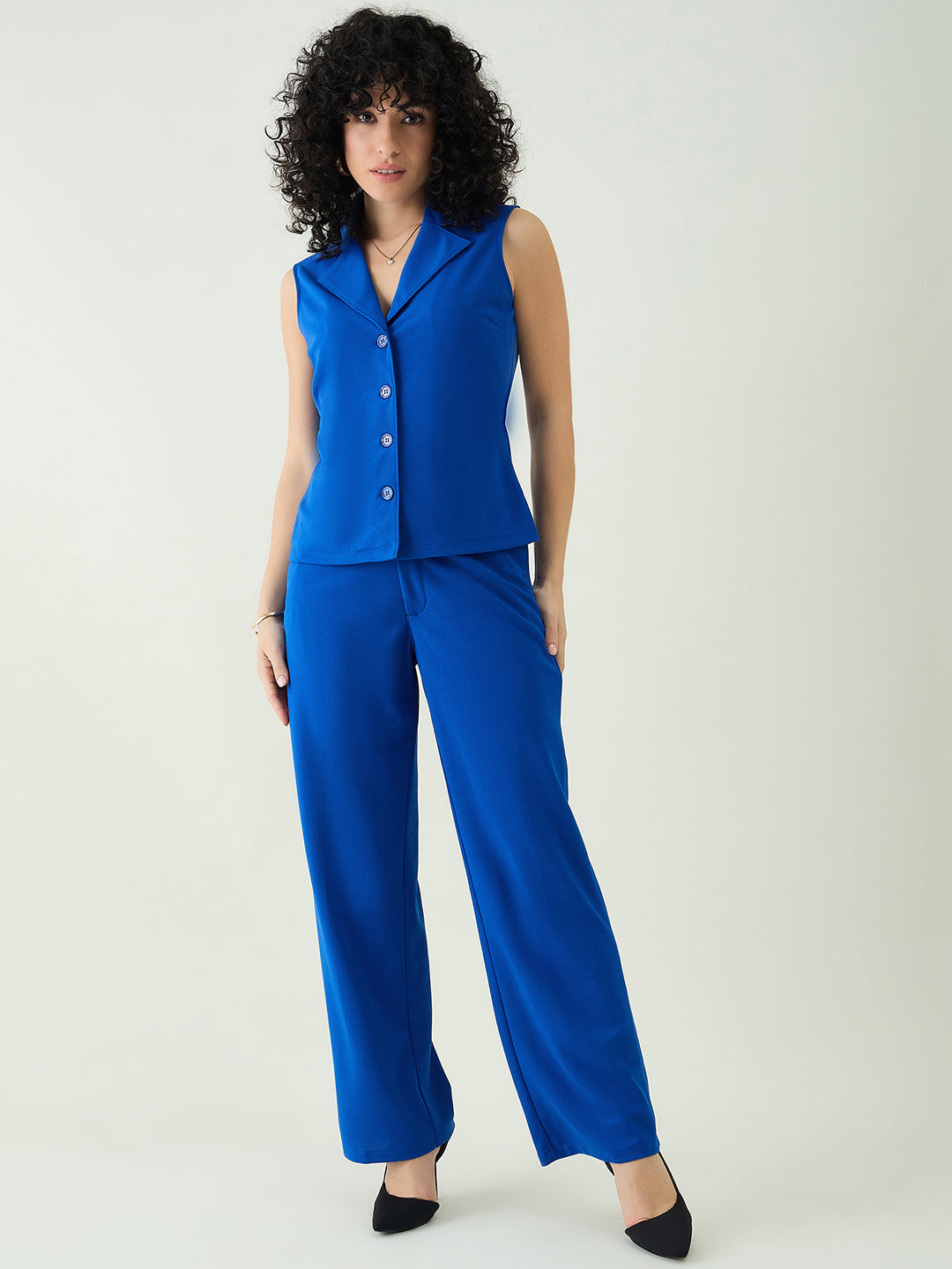 Sleeveless Collared Top and Tailored Trousers Set
