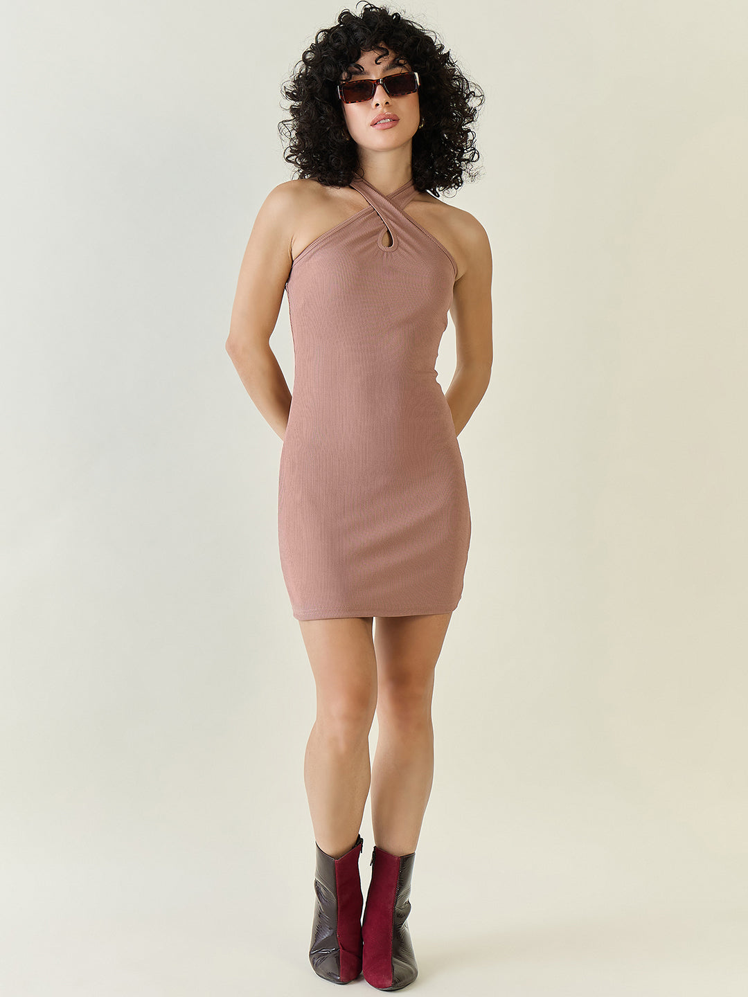 Sleeveless Ribbed Halter Mini Bodycon Dress