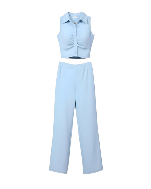 Sleeveless Ruched Crop Top and Trouser Co-ord Set