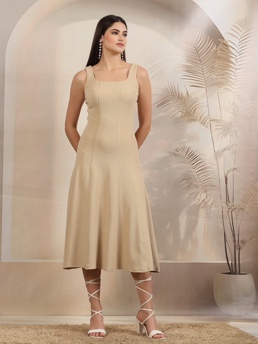 Sleeveless Square Neck A-Line Midi Dress