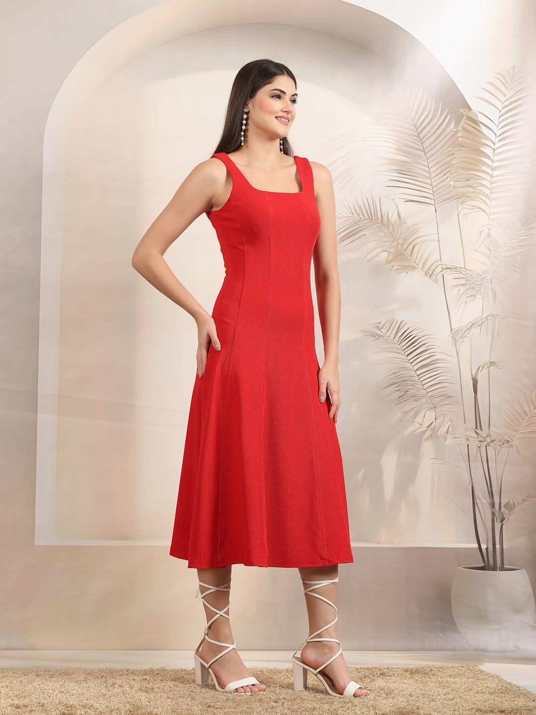 Sleeveless Square Neck A-Line Midi Dress