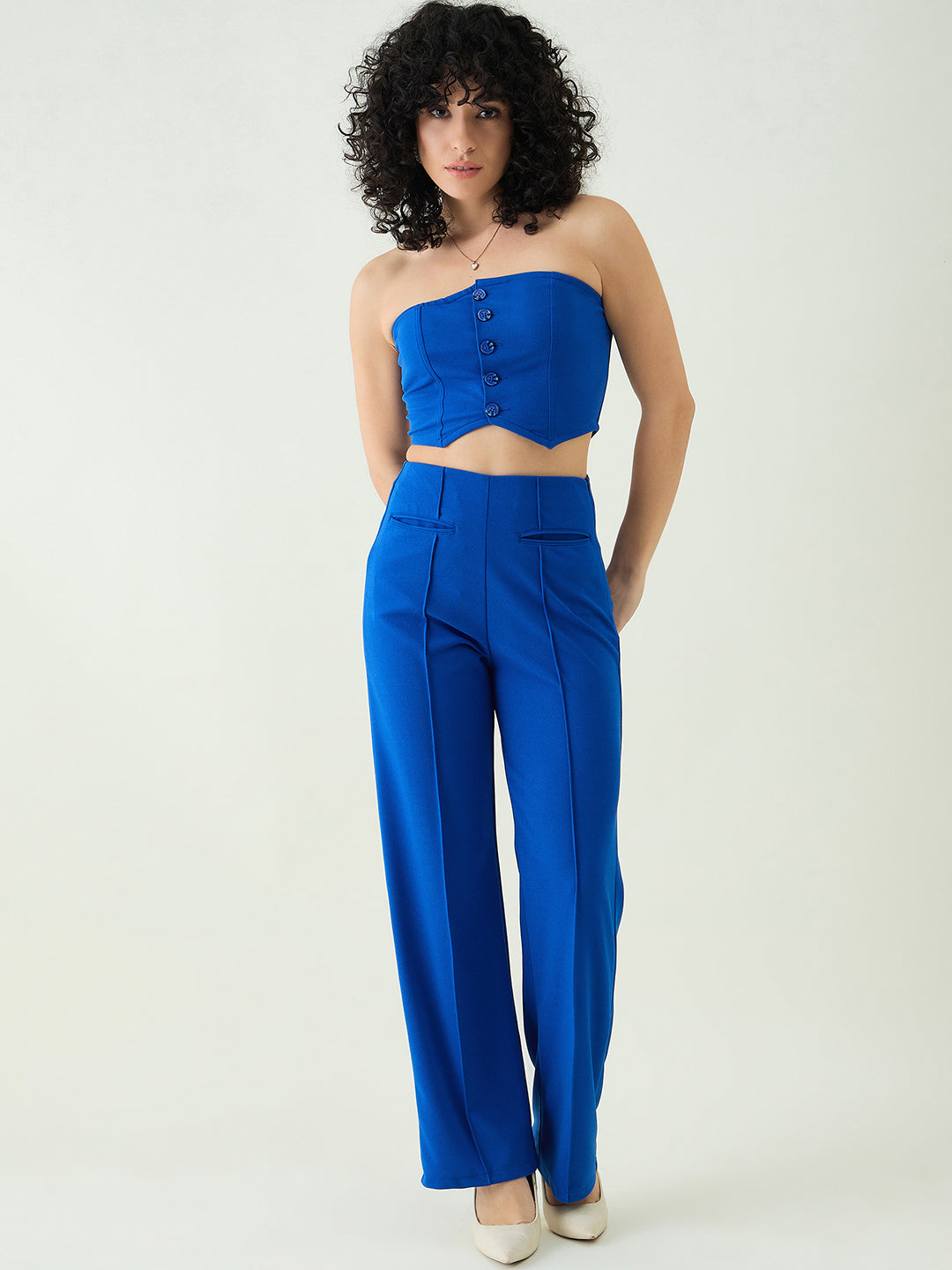 Strapless Button-Front Crop Top and Trousers Set