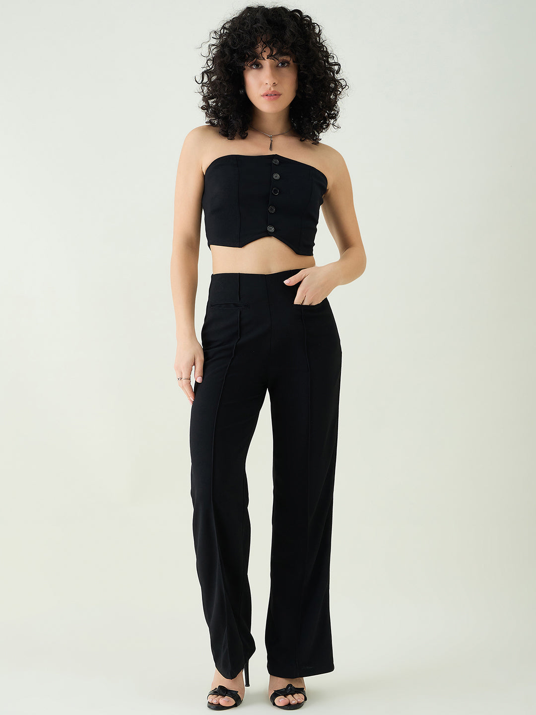 Strapless Button-Front Crop Top and Trousers Set