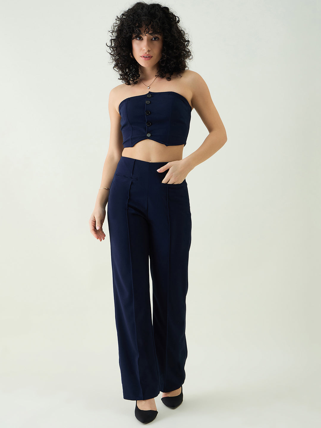 Strapless Button-Front Crop Top and Trousers Set