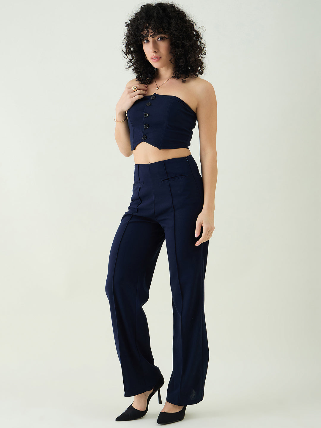 Strapless Button-Front Crop Top and Trousers Set