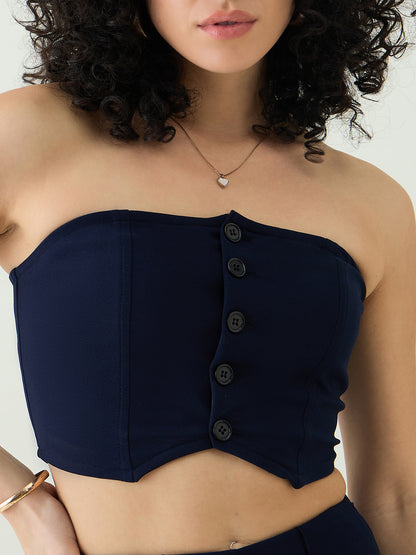 Strapless Button-Front Crop Top and Trousers Set