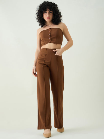 Strapless Button-Front Crop Top and Trousers Set