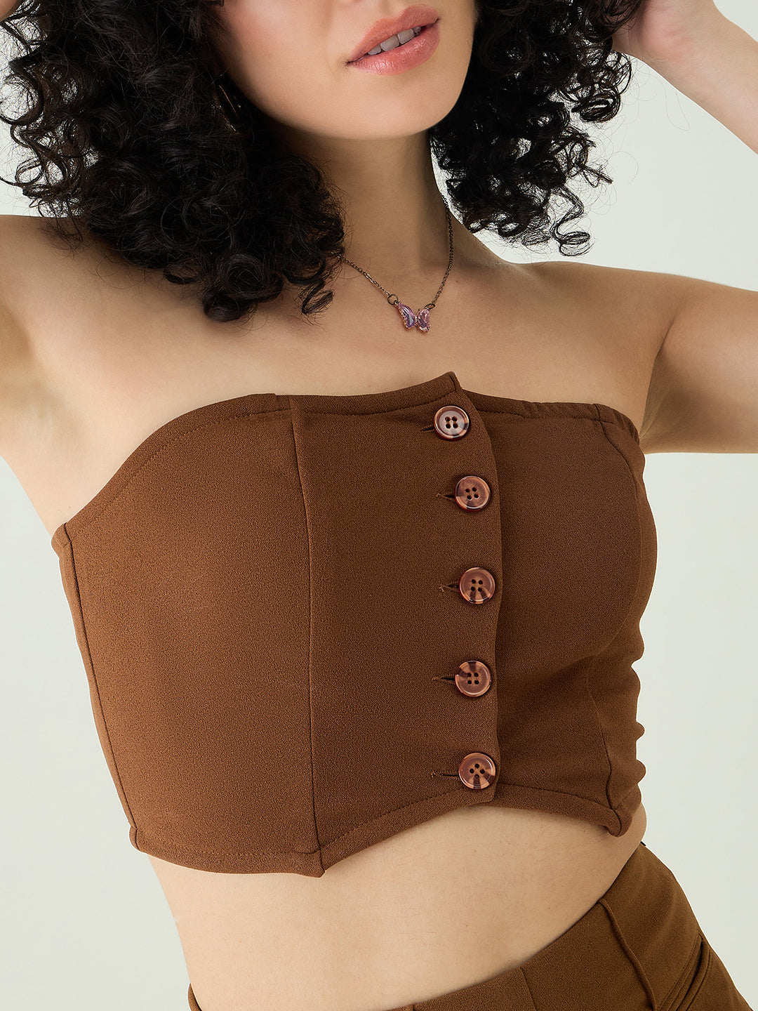 Strapless Button-Front Crop Top and Trousers Set