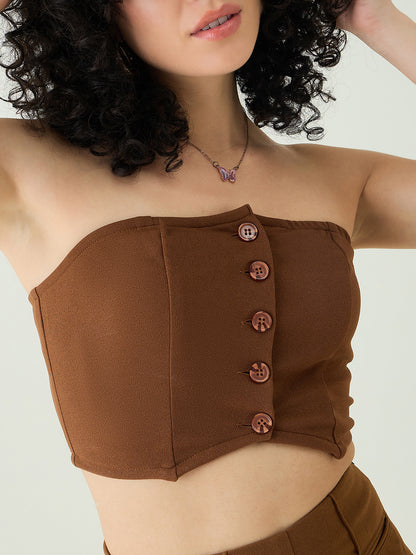 Strapless Button-Front Crop Top and Trousers Set