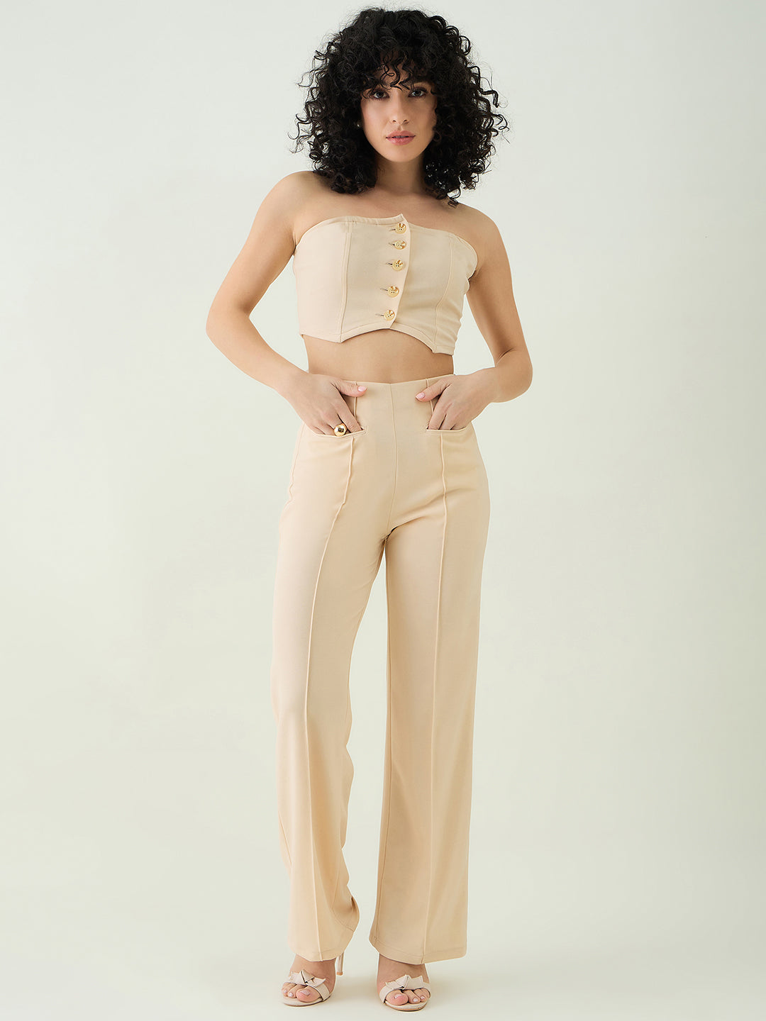 Strapless Button-Front Crop Top and Trousers Set