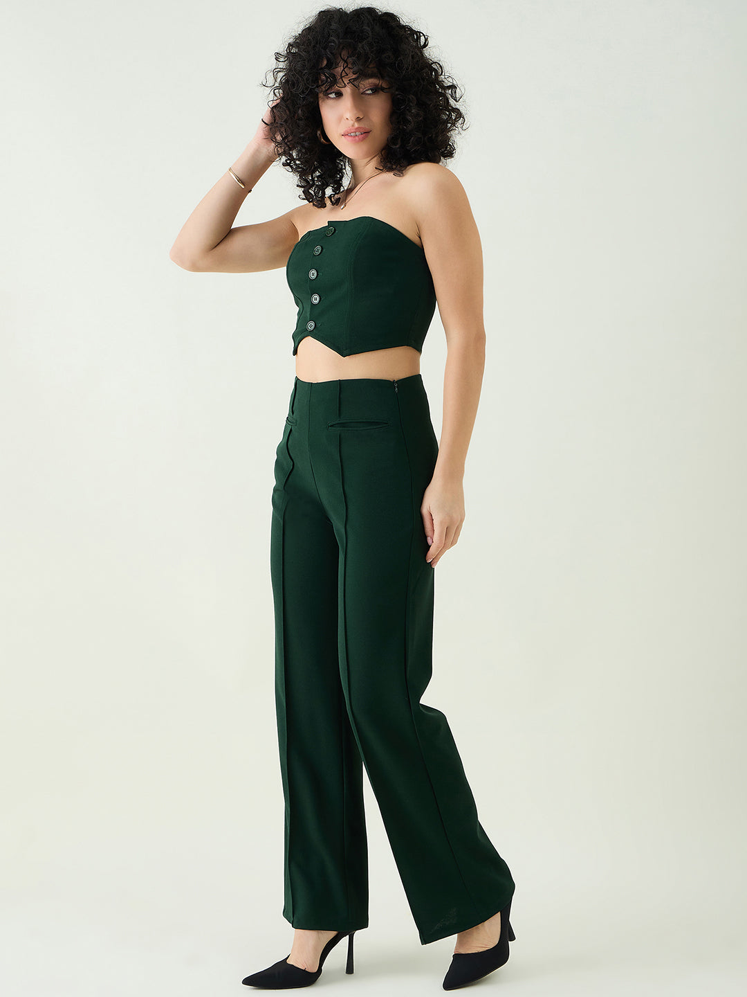Strapless Button-Front Crop Top and Trousers Set