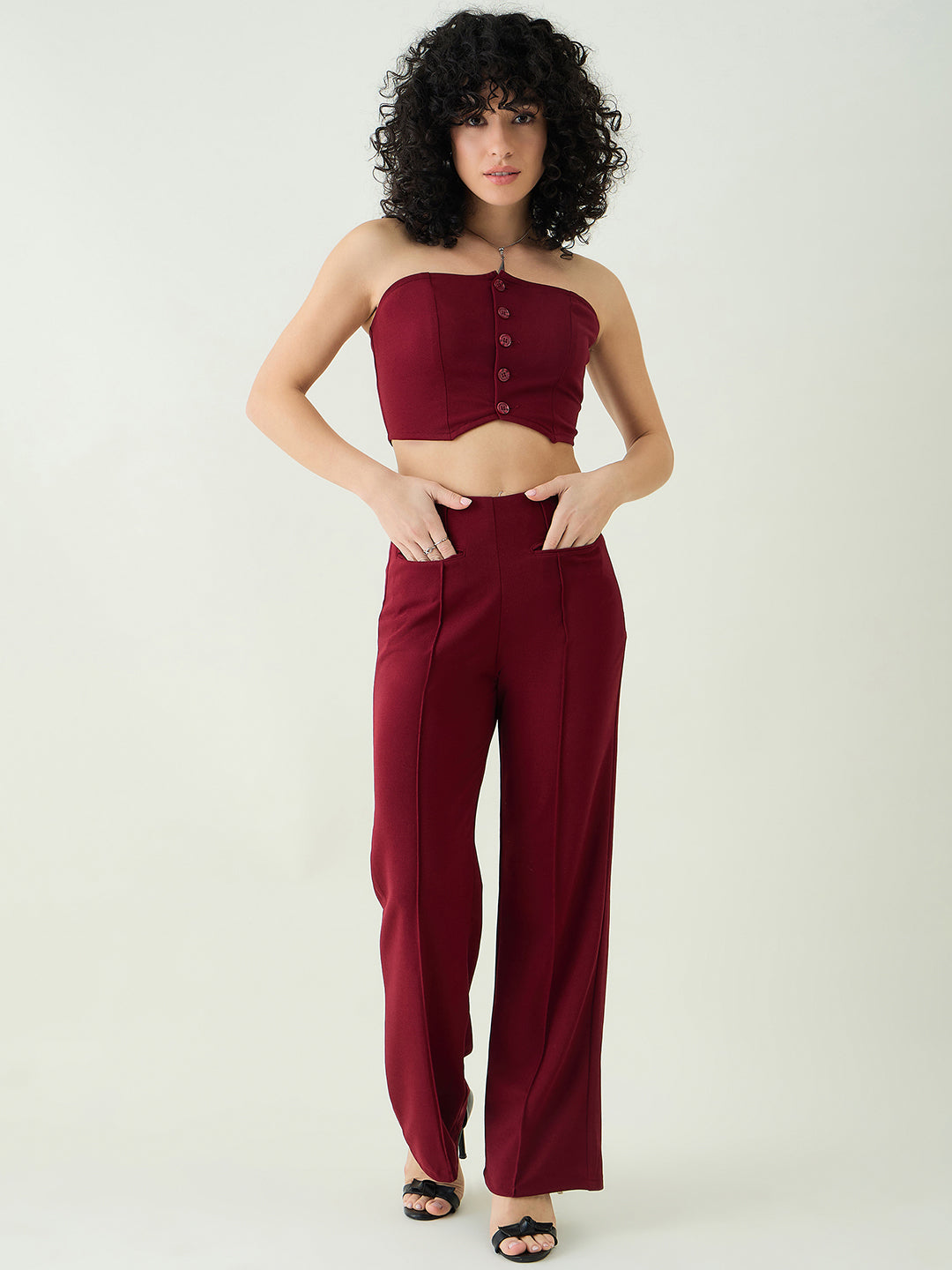 Strapless Button-Front Crop Top and Trousers Set