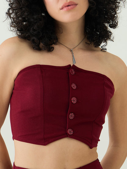 Strapless Button-Front Crop Top and Trousers Set