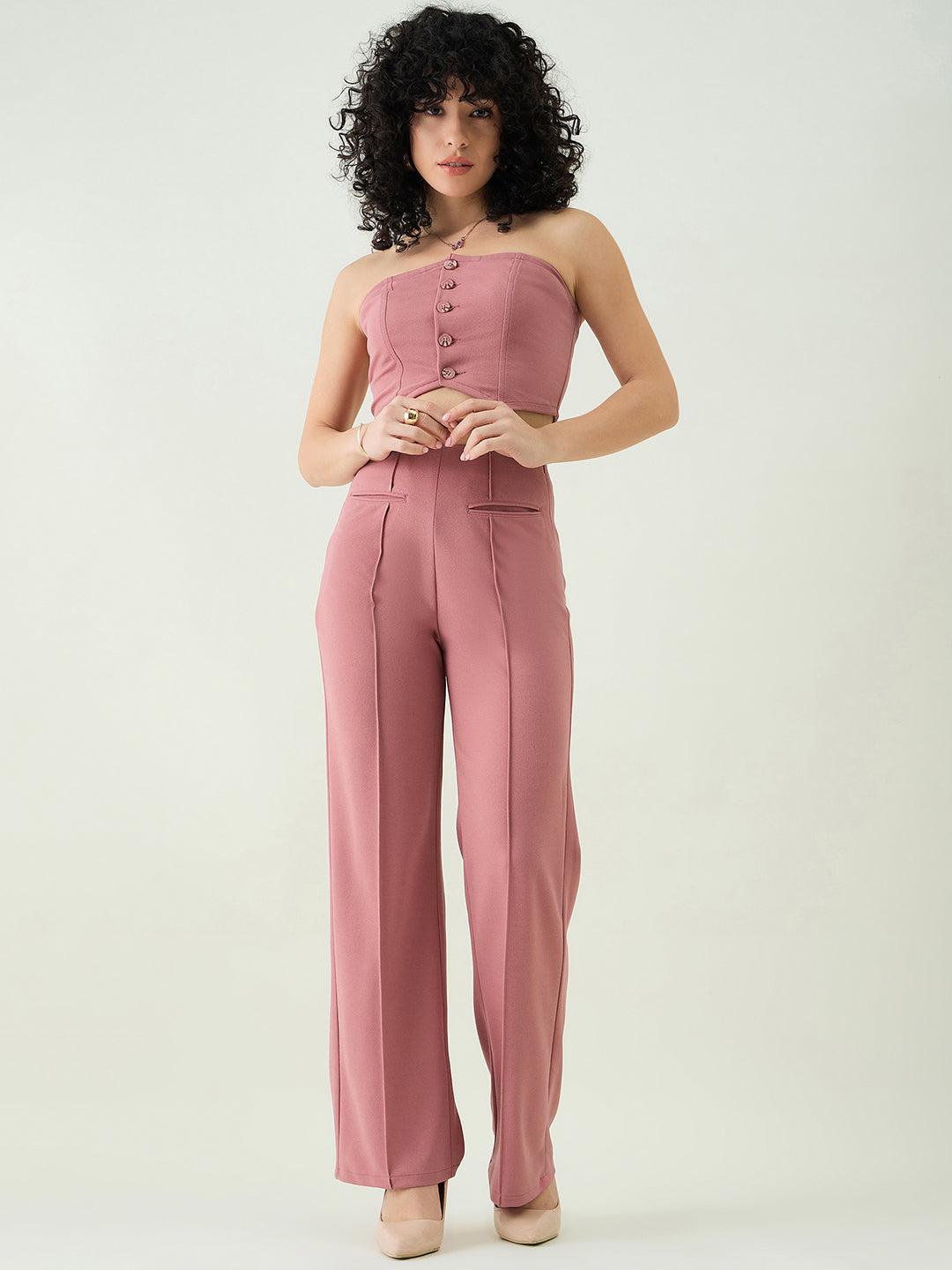 Strapless Button-Front Crop Top and Trousers Set