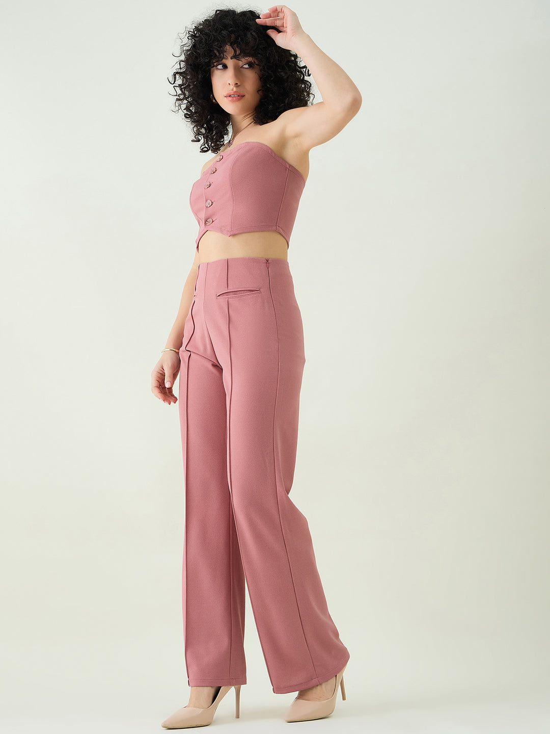 Strapless Button-Front Crop Top and Trousers Set