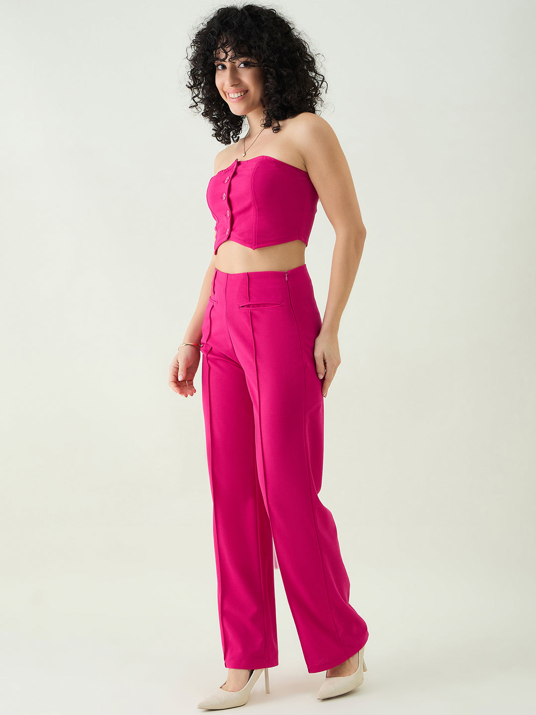 Strapless Button-Front Crop Top and Trousers Set