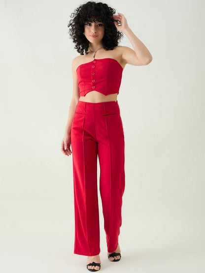 Strapless Button-Front Crop Top and Trousers Set