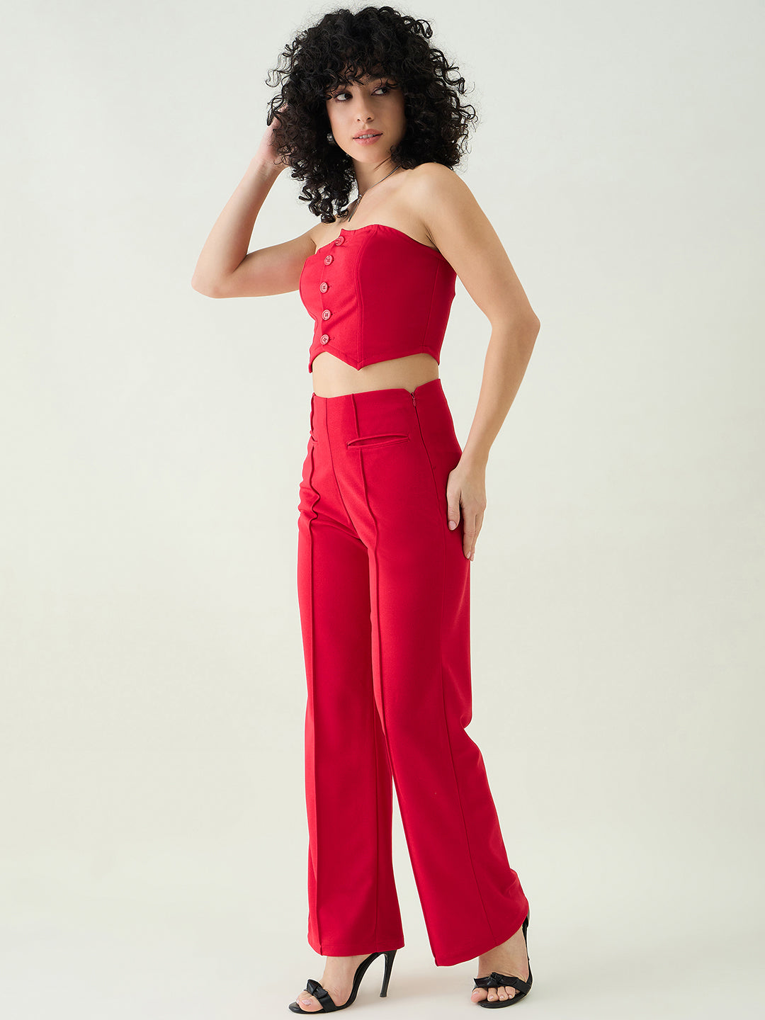 Strapless Button-Front Crop Top and Trousers Set