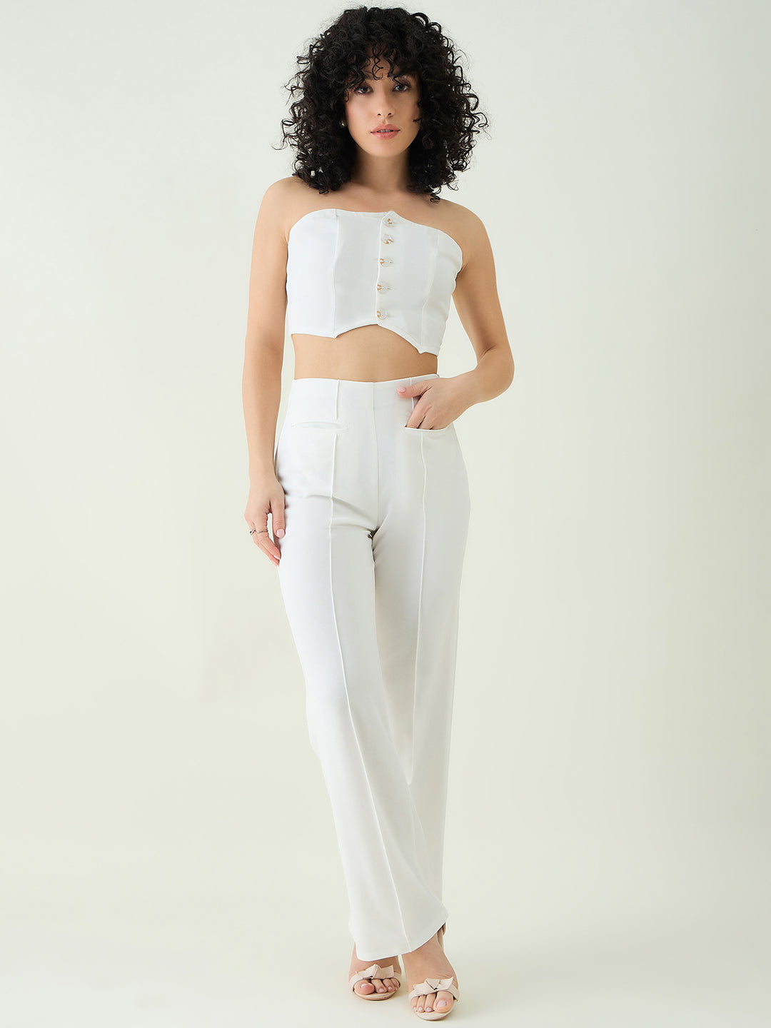 Strapless Button-Front Crop Top and Trousers Set