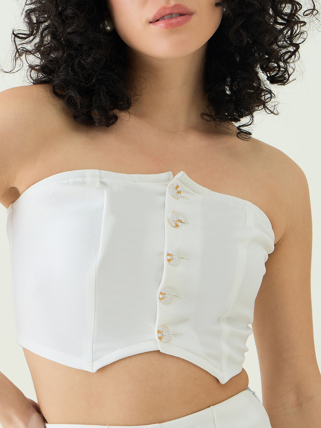 Strapless Button-Front Crop Top and Trousers Set