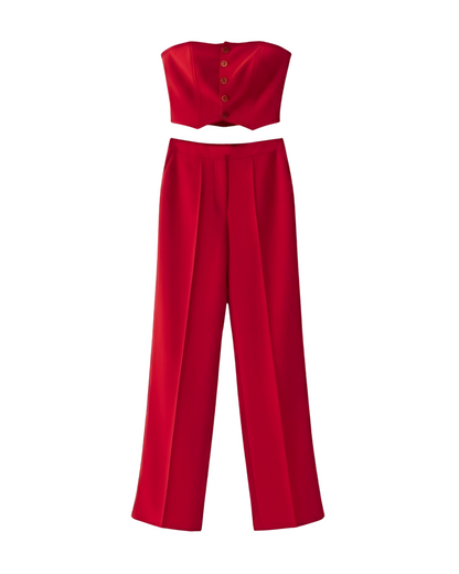 Strapless Button-Front Crop Top and Trousers Set