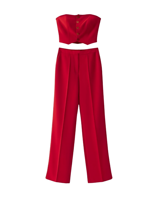 Strapless Button-Front Crop Top and Trousers Set