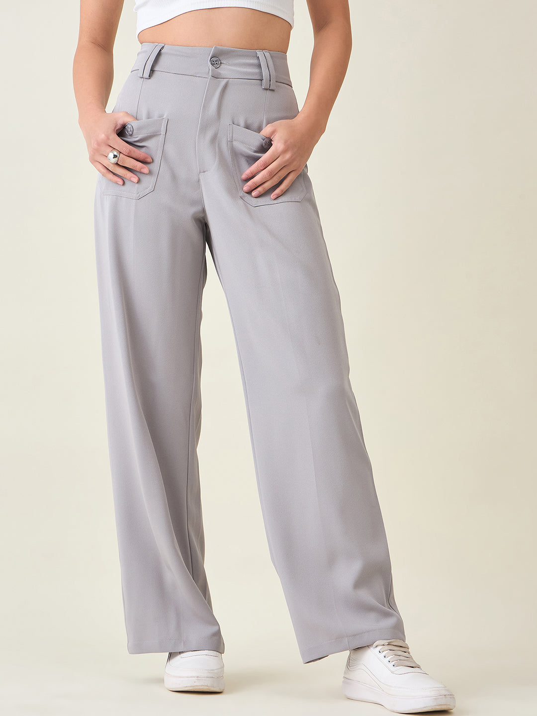 Tailored Twill Trousers with Button Flap Pockets