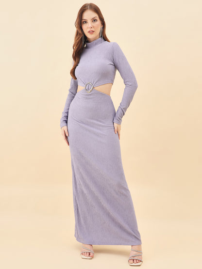 Woman wearing a long purple dress with a cutout design on a beige background