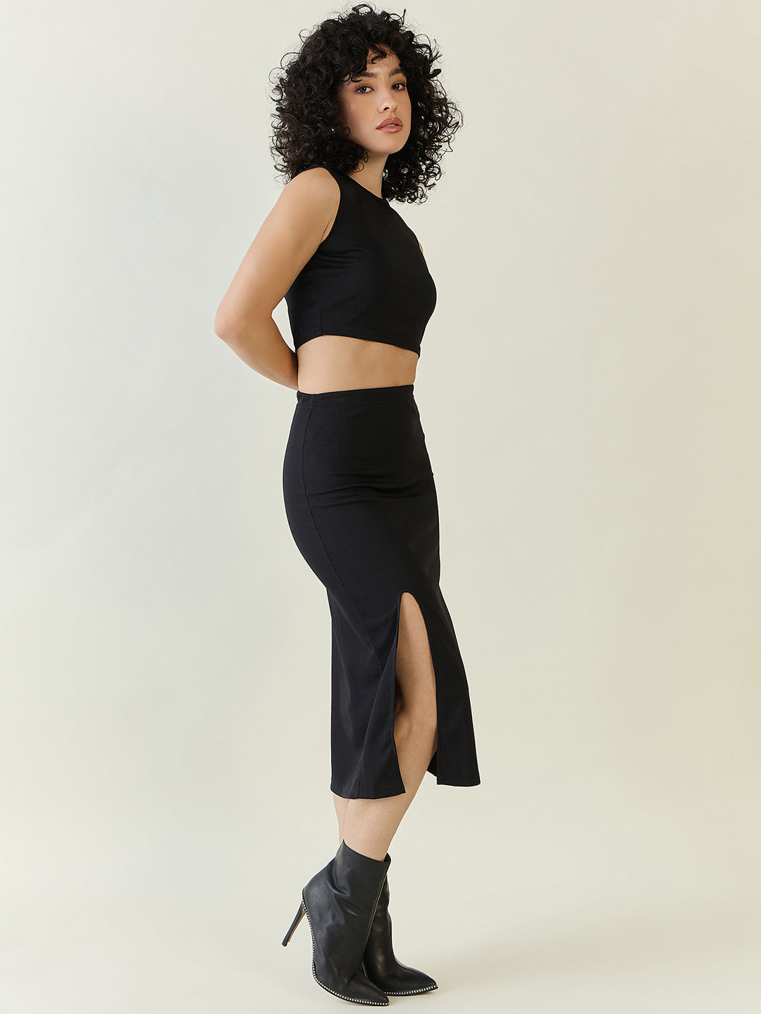 Textured Knit Crop Top and Slit Skirt Set