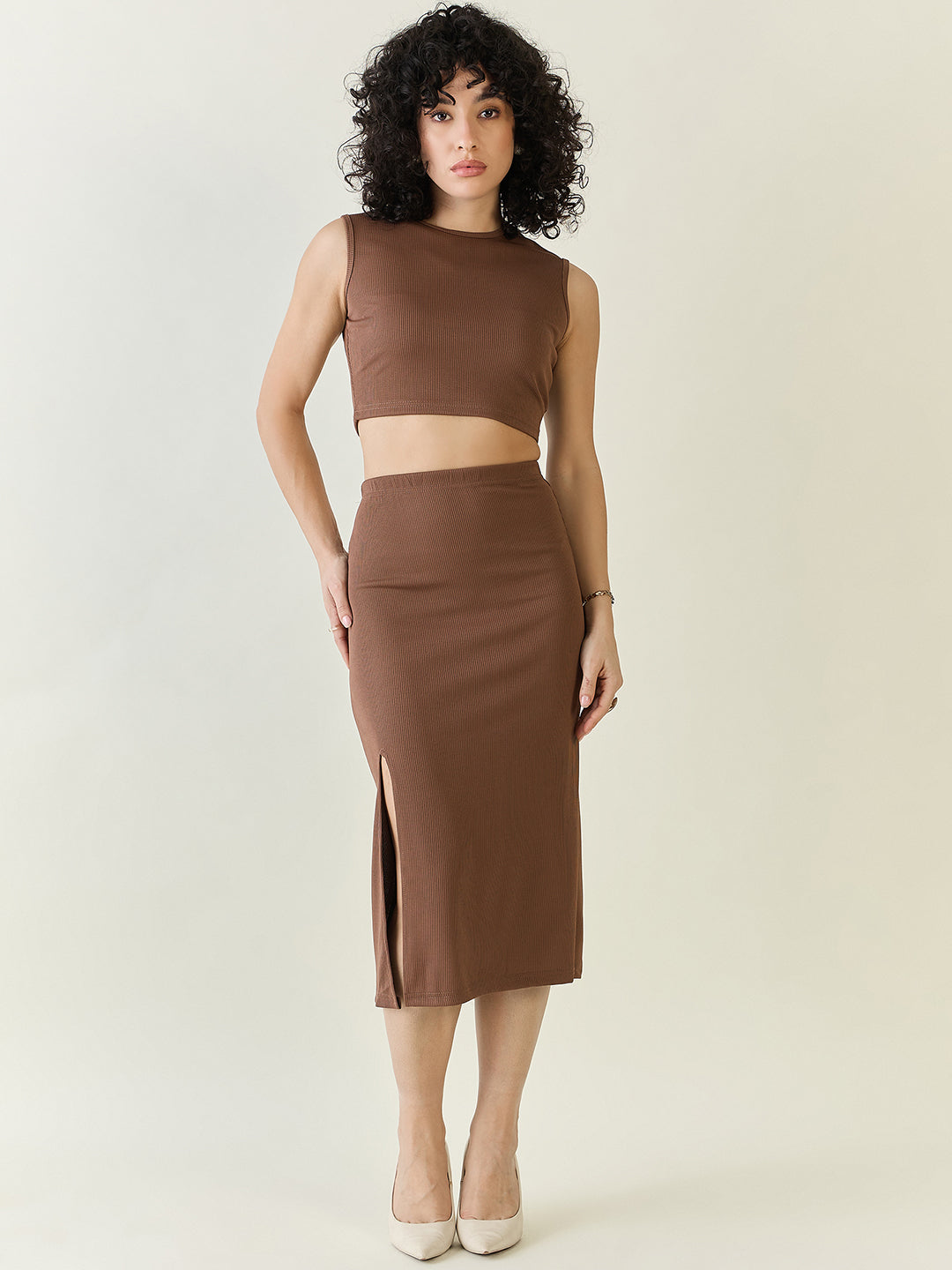 Textured Knit Crop Top and Slit Skirt Set