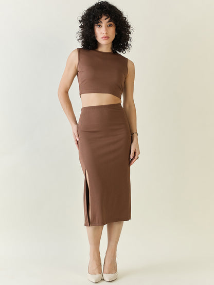 Textured Knit Crop Top and Slit Skirt Set