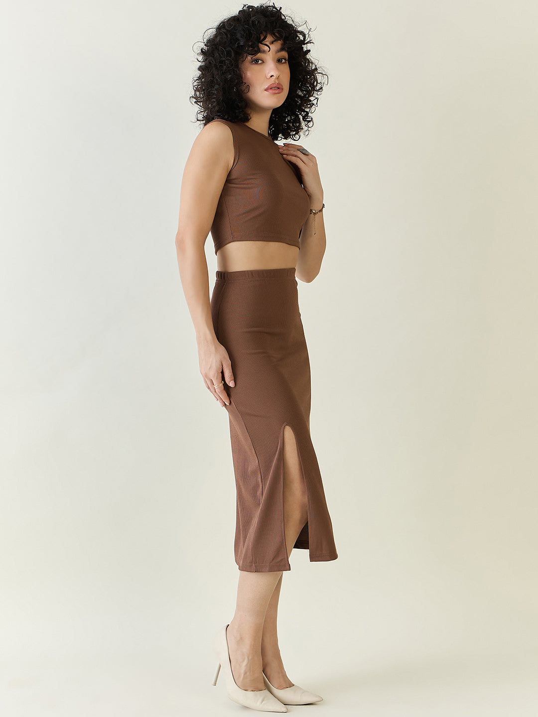 Textured Knit Crop Top and Slit Skirt Set