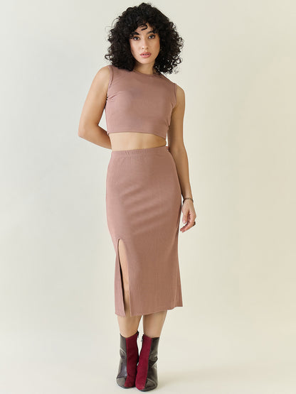 Textured Knit Crop Top and Slit Skirt Set