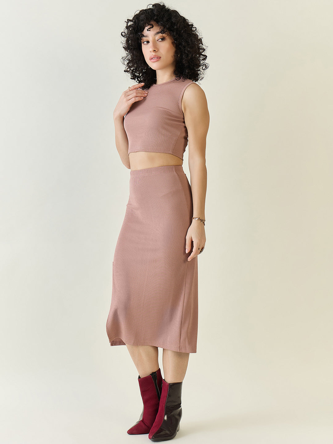 Textured Knit Crop Top and Slit Skirt Set