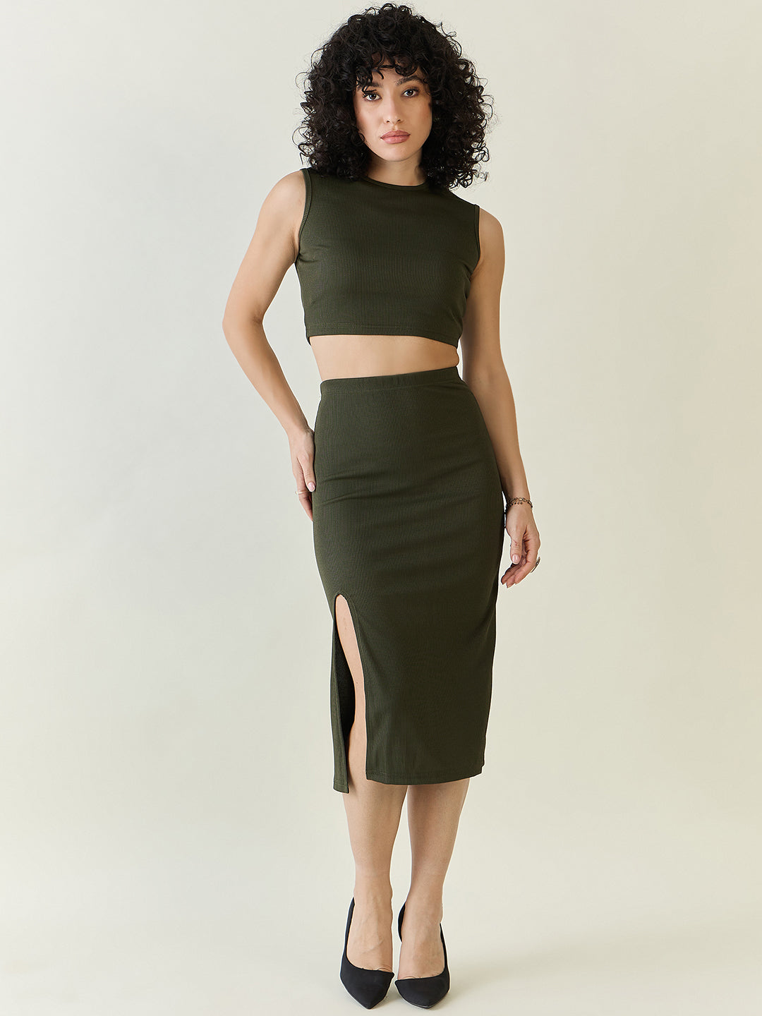Textured Knit Crop Top and Slit Skirt Set