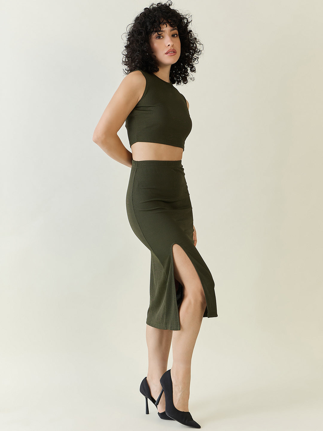 Textured Knit Crop Top and Slit Skirt Set