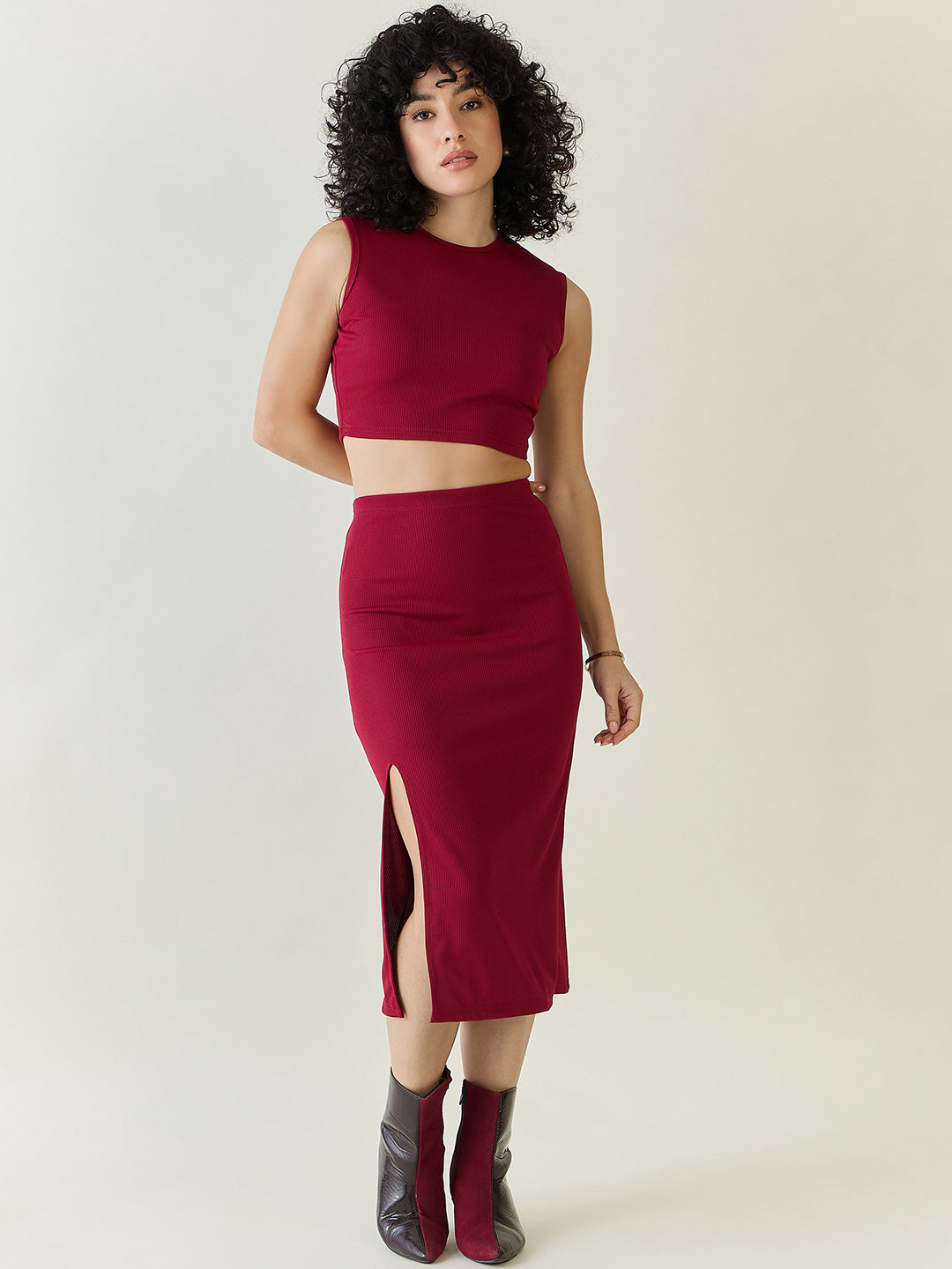 Textured Knit Crop Top and Slit Skirt Set