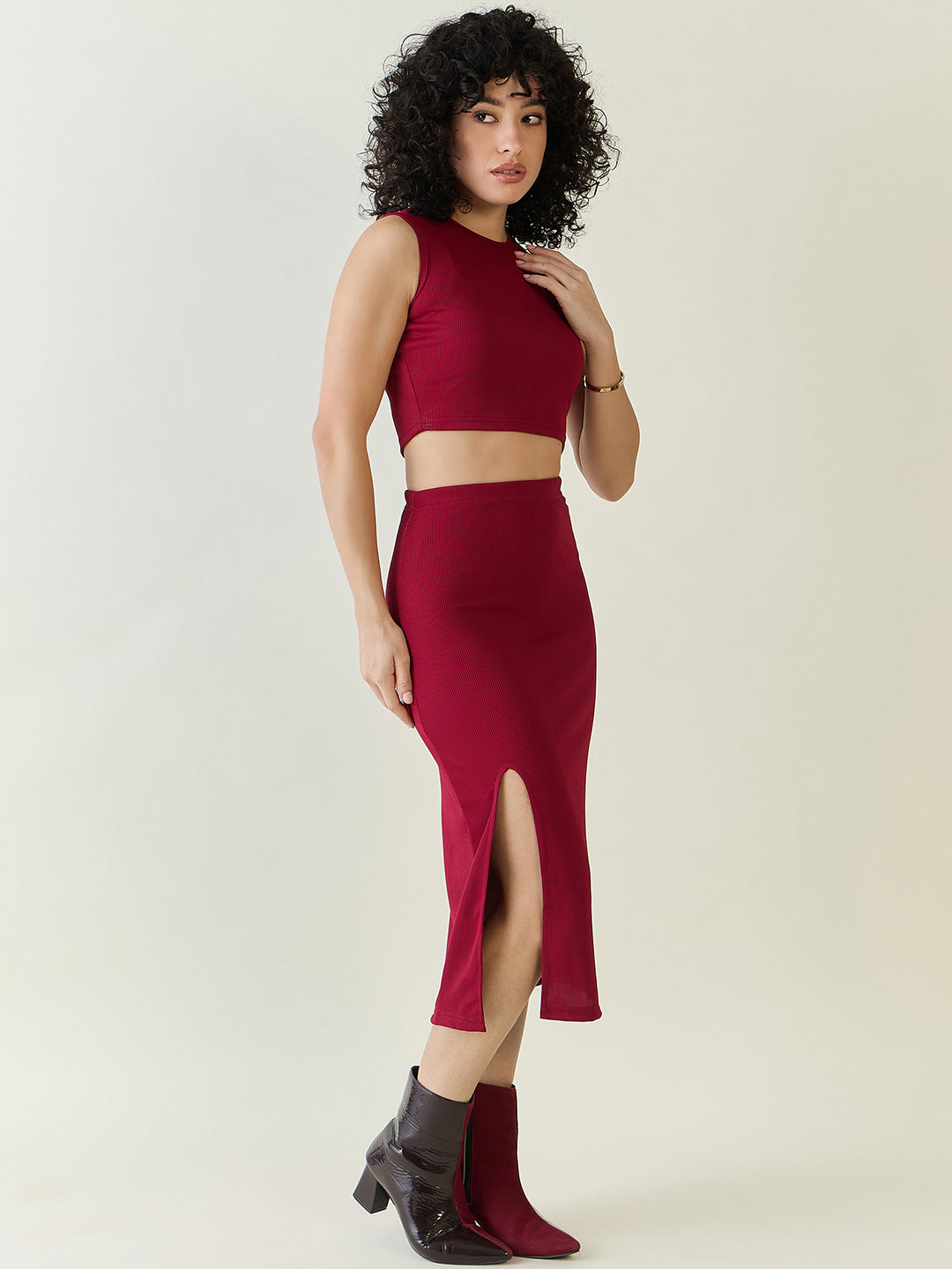 Textured Knit Crop Top and Slit Skirt Set