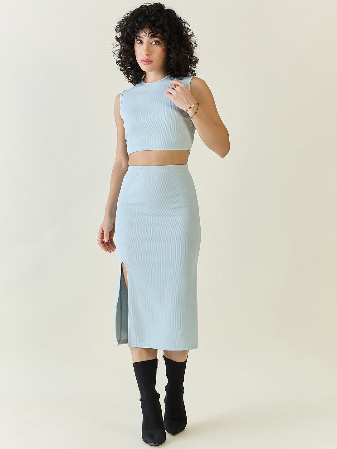 Textured Knit Crop Top and Slit Skirt Set