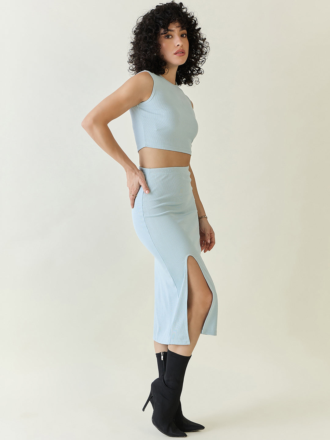 Textured Knit Crop Top and Slit Skirt Set