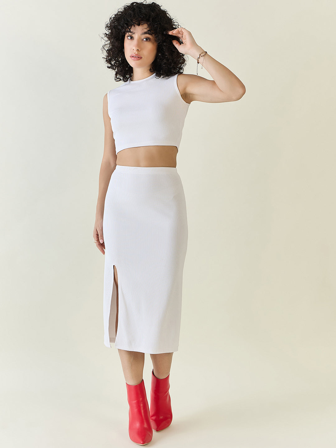 Textured Knit Crop Top and Slit Skirt Set